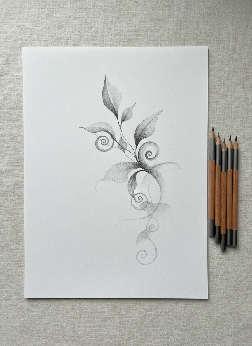 A single pristine white sheet of heavyweight drawing paper placed neatly on a pale, textured linen surface, its edges crisp and perfectly aligned. On the paper, a partially completed graphite drawing of abstract botanical forms fades softly toward the bottom, creating an intentional sense of negative space. To the right, a small set of neatly arranged graphite pencils with brushed metal caps contrasts subtly with the matte paper. Gentle overcast window light falls from the top, forming soft gradients and delicate shadows along the pencil barrels. The atmosphere is serene, contemplative, and minimalist. Captured at a slightly elevated angle using photographic realism, with a sharp focus on the paper’s subtle fibers and a muted, neutral color palette that enhances the understated, sophisticated design.