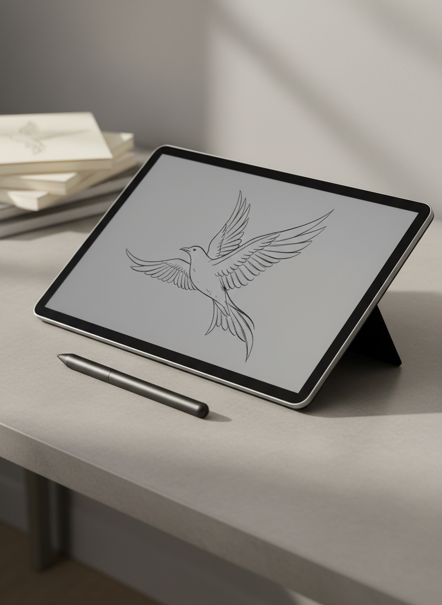 A sleek digital drawing tablet with a thin black bezel and matte screen displaying an elegant monochrome line illustration, resting on a smooth, light concrete desk. Next to it lies a stylus with a satin finish, positioned diagonally to guide the eye into the frame. The background features a softly blurred glimpse of stacked sketchbooks and a muted gray wall, maintaining a calm, uncluttered aesthetic. Soft studio lighting from above and slightly behind creates a subtle halo on the tablet’s edges and gentle reflections on the stylus. The mood is focused and refined, emphasizing precision and creativity. Composed with the rule of thirds in mind, shot at an eye-level three-quarter angle in photographic realism, with a restrained, sophisticated color palette of charcoal, dove gray, and warm off-white.
